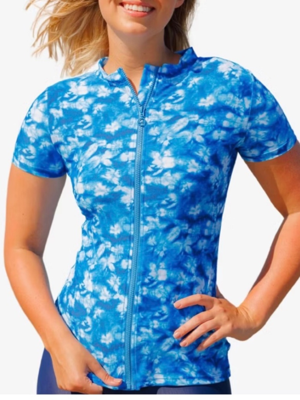 Calypsa by Modli 4X Adele Swim Top Blue Full Zip Tie Dye UPF 50 Sun Protection
